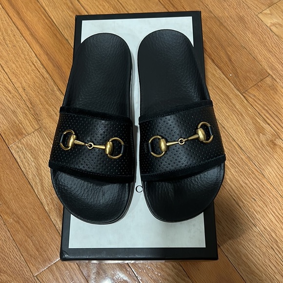 Gucci Shoes Gucci Slides Size 35 Black With Gold Gucci Horsebit Pool Slides Mules Gucci